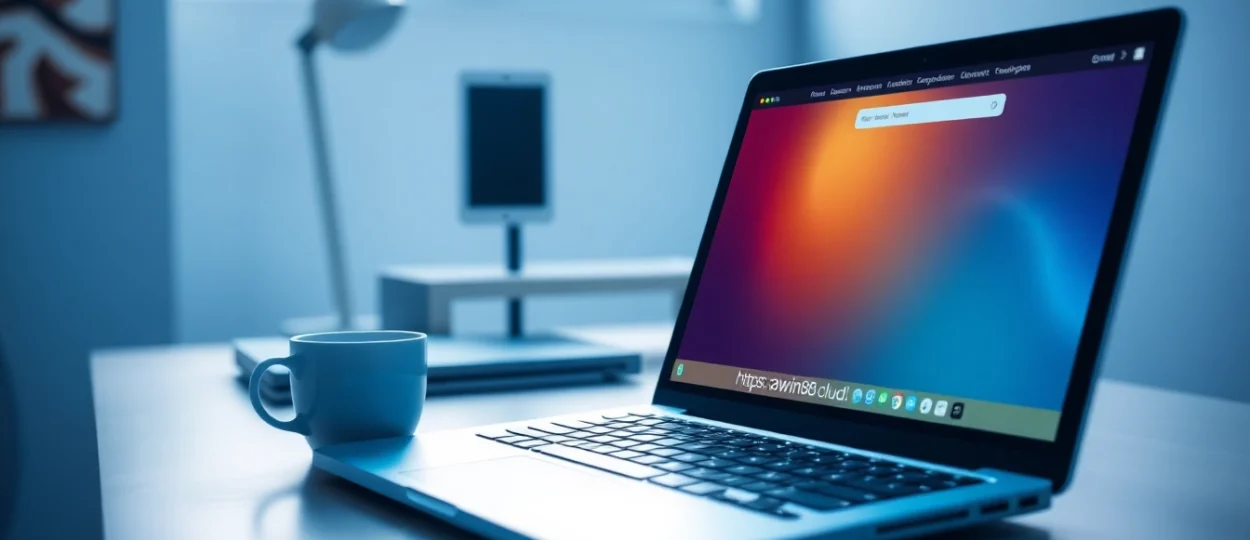Enhance productivity with https://awin68.cloud/ displayed on a sleek laptop in a modern workspace.