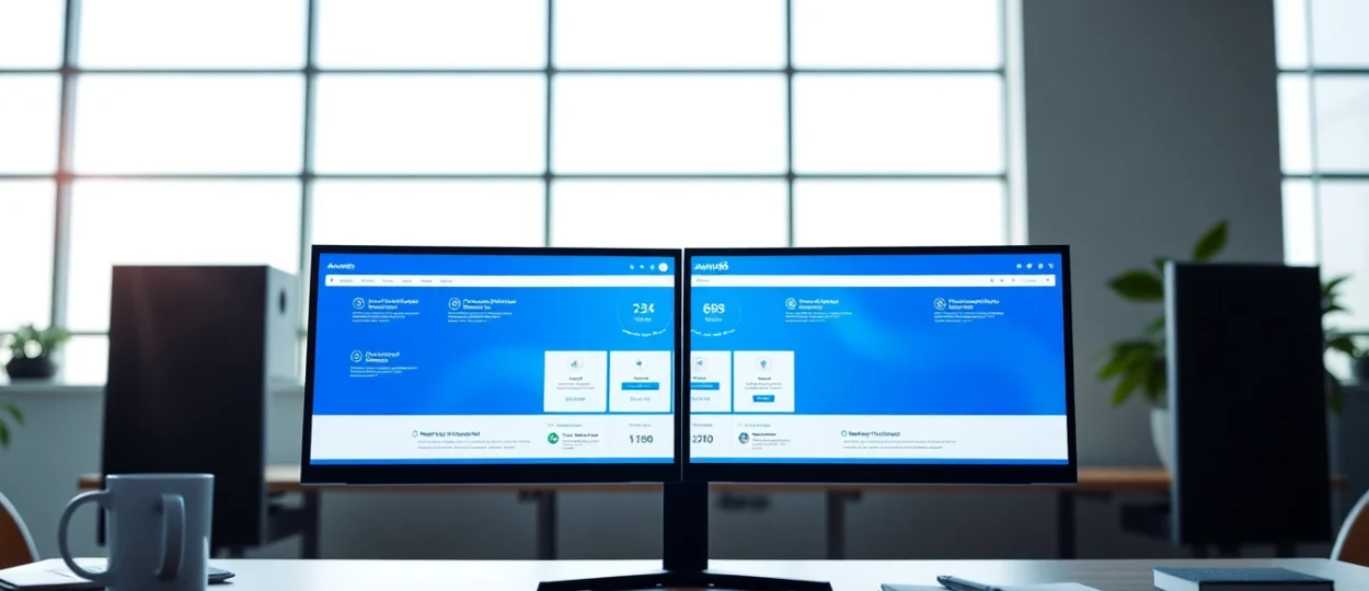 Engage with https://awin68.cloud/ showcasing a modern digital workspace with dual monitors.