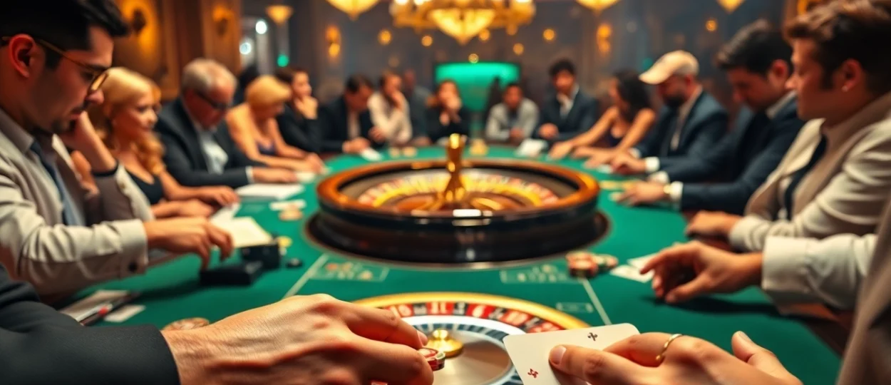 A captivating scene of a bustling casino featuring a roulette table and players, emphasizing e28 themed luxury gambling.
