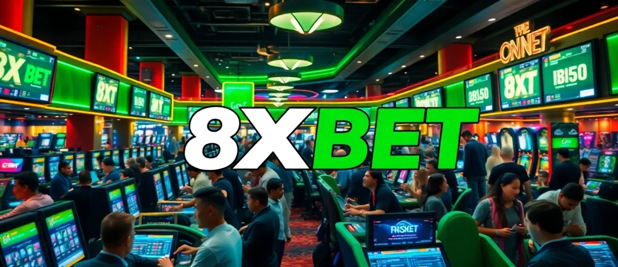 Engaging scene illustrating 8XBET within a lively casino, showcasing diverse players and excitement.
