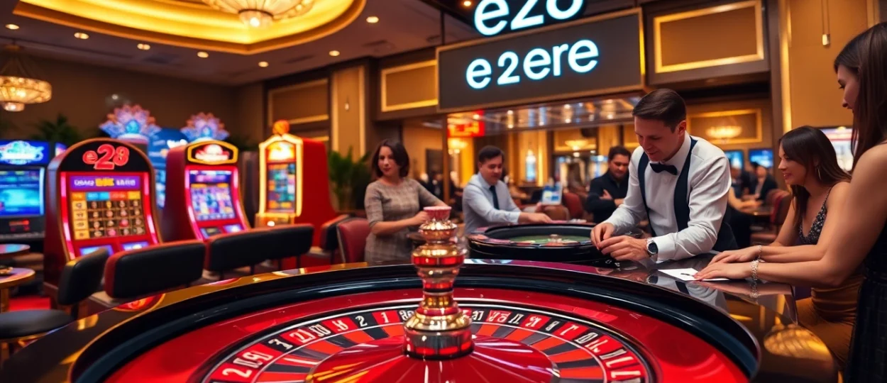 Experience the thrill of e28 as players engage around a lively roulette table in a luxurious casino setting.