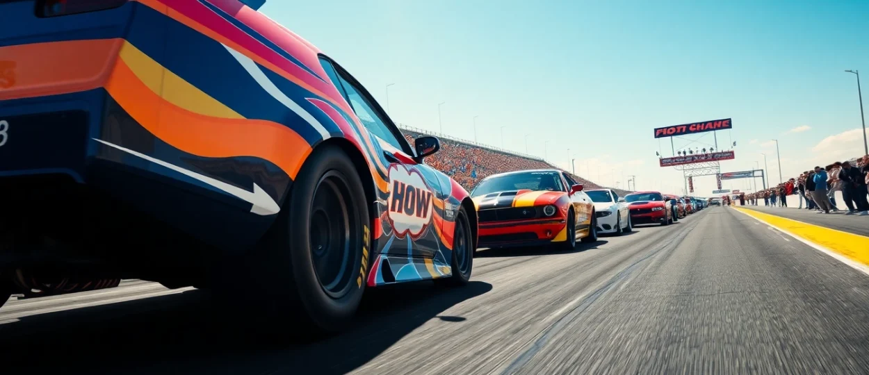 Exciting Drag Racing Events showcasing colorful cars speeding down the track with cheering fans.
