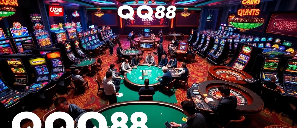Experience QQQ88 in an exhilarating casino setting with players at poker tables and vibrant slot machines.