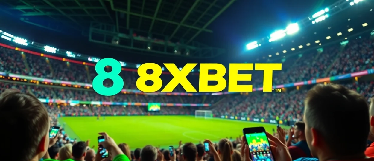 Engaged sports fans celebrating a live game with the 8XBET logo visible, embodying excitement.