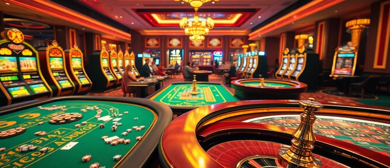 The go8 casino floor bursts with energy as players strategically place bets on blackjack and roulette tables amidst dazzling slot machine lights.