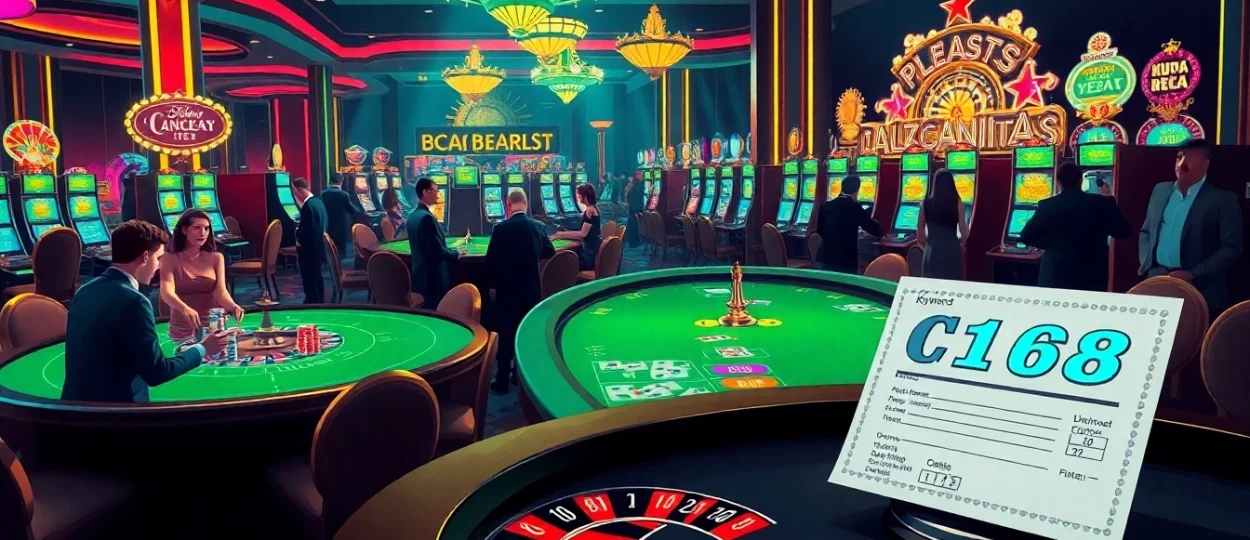 Experience C168 excitement at a lively casino with poker tables and slot machines, showcasing thrilling gameplay.