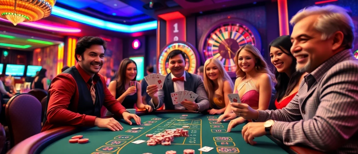 Go99 blackjack table with excited players and a smiling dealer, vibrant casino atmosphere.
