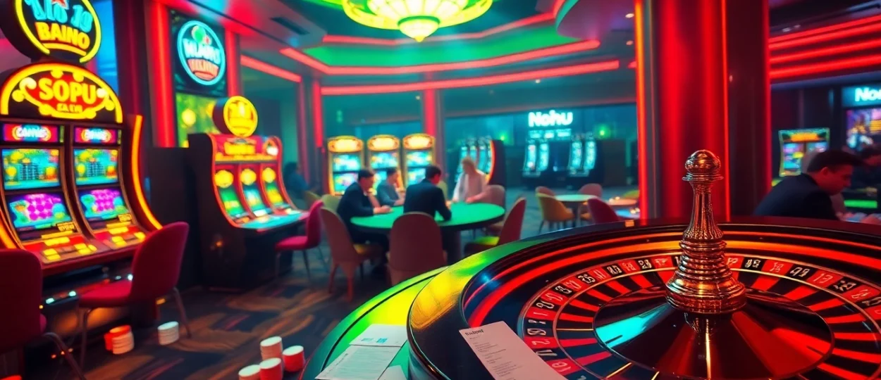 "Experience the thrill of gambling at Nohu Casino with poker tables and vibrant slot machines amidst a luxurious ambiance."