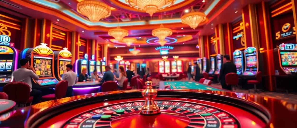 RR88 casino scene showcasing players at roulette and blackjack tables, filled with excitement and vibrant atmosphere.