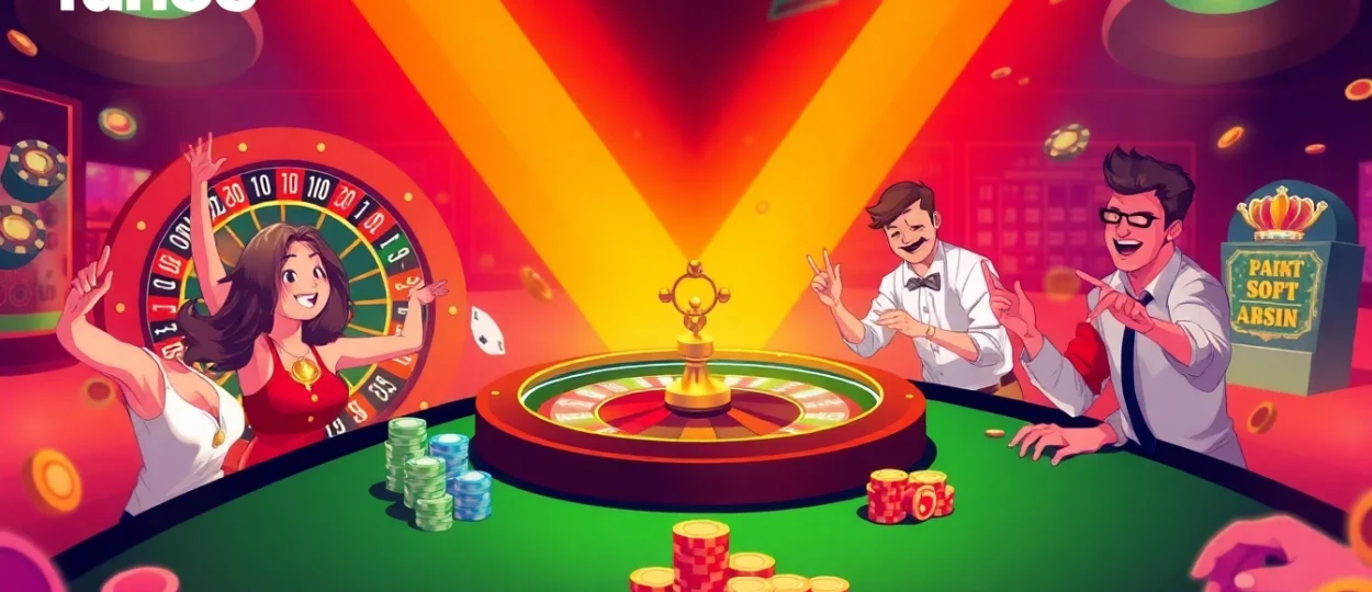 Fun88 players enjoying lively casino games with roulette, cards, and chips in a vibrant setting.