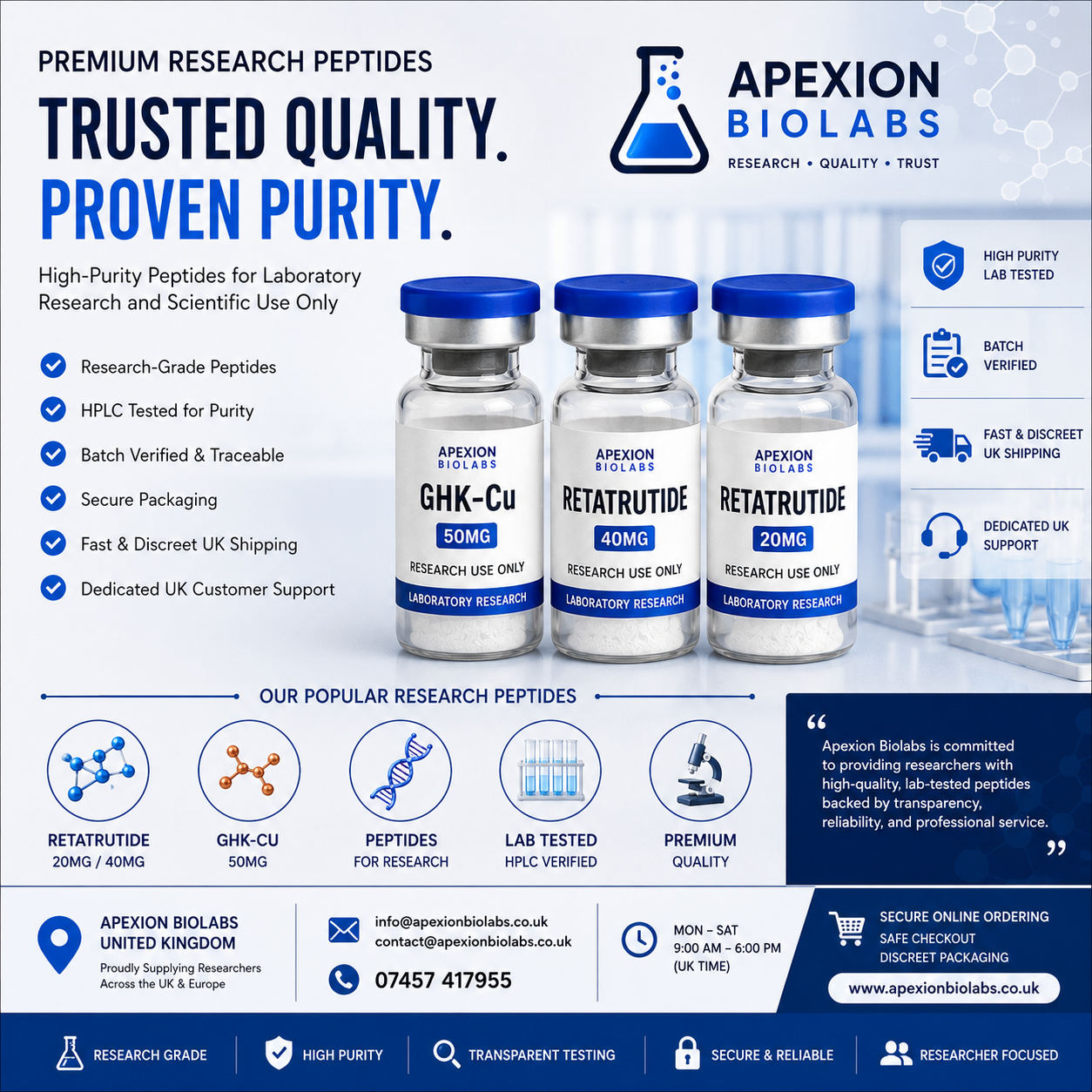 Retatrutide Peptide UK & GHK-Cu Research Peptides Apexion Biolabs