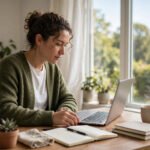 A person working from home at a tidy desk with a laptop, notebook and a cup of tea by a bright window.