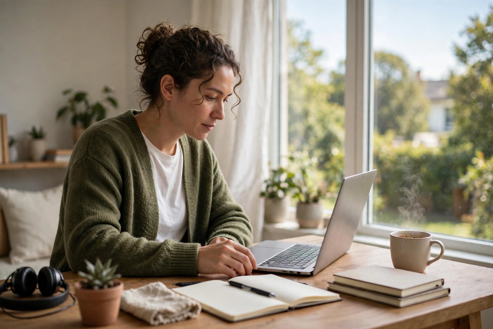 A person working from home at a tidy desk with a laptop, notebook and a cup of tea by a bright window.