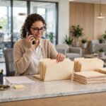 A friendly admin assistant organising files and answering the phone at a bright modern office reception desk.