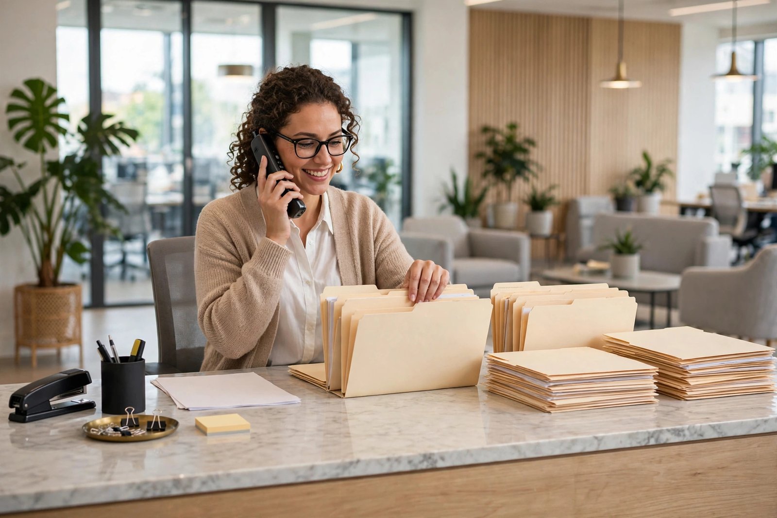 A friendly admin assistant organising files and answering the phone at a bright modern office reception desk.