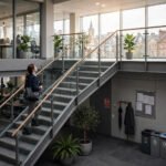 A professional climbing office steps towards a brighter upper floor, symbolising structured career progression in the UK workplace.