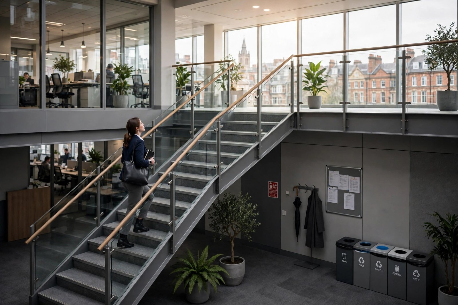 A professional climbing office steps towards a brighter upper floor, symbolising structured career progression in the UK workplace.