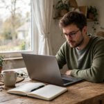 A jobseeker at home reviewing remote job vacancies on a laptop, with a notebook and a cup of tea beside them.