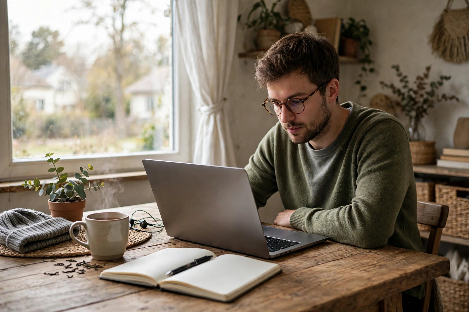A jobseeker at home reviewing remote job vacancies on a laptop, with a notebook and a cup of tea beside them.