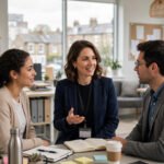 Human resources professional talking with colleagues in a bright UK office