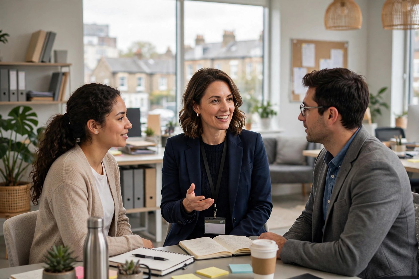 Human resources professional talking with colleagues in a bright UK office